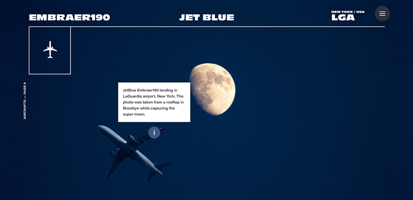 JetBlue Embraer 190 descending toward LaGuardia over a dark blue night sky with a large moon; a white caption box sits in the foreground.