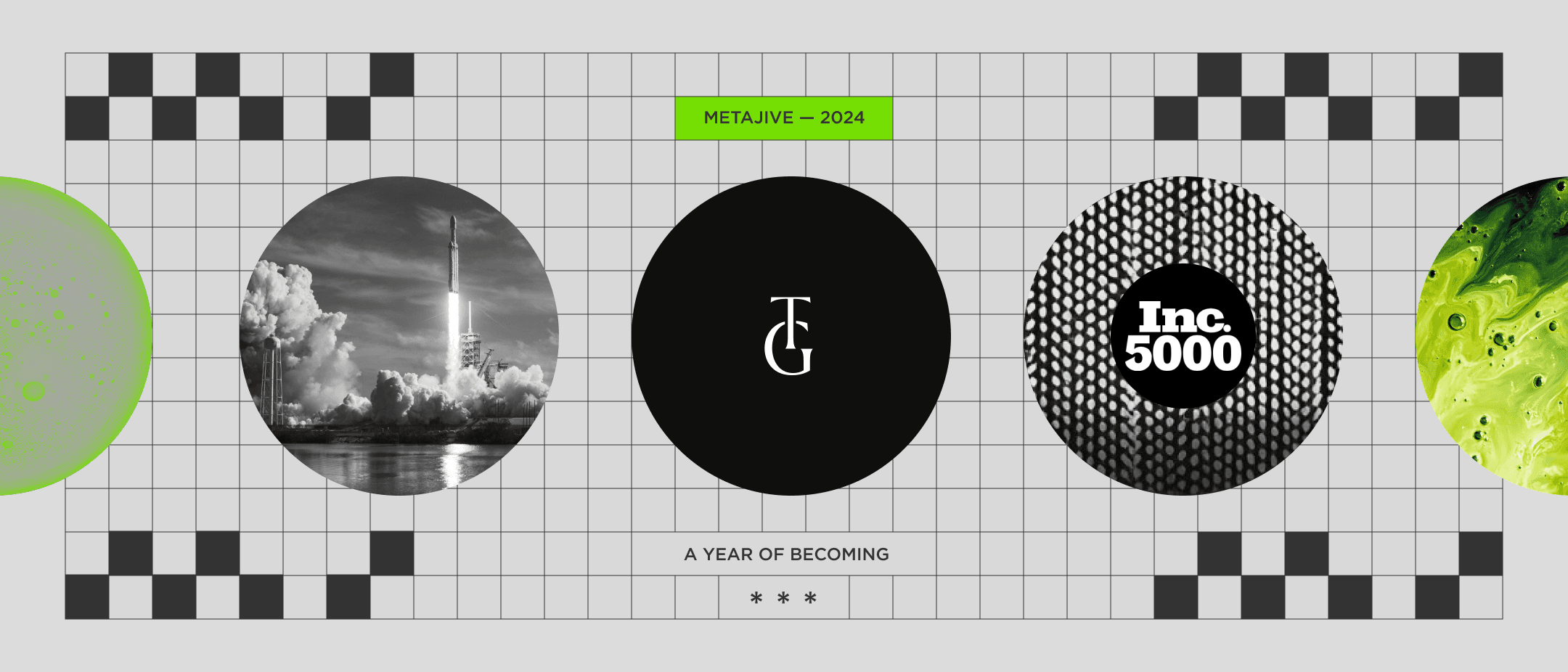 Grid with five circular images: neon-green blob, rocket launch, black monogram, Inc. 5000 ring, lime swirl; top tag METAJIVE 2024; bottom caption A YEAR OF BECOMING.