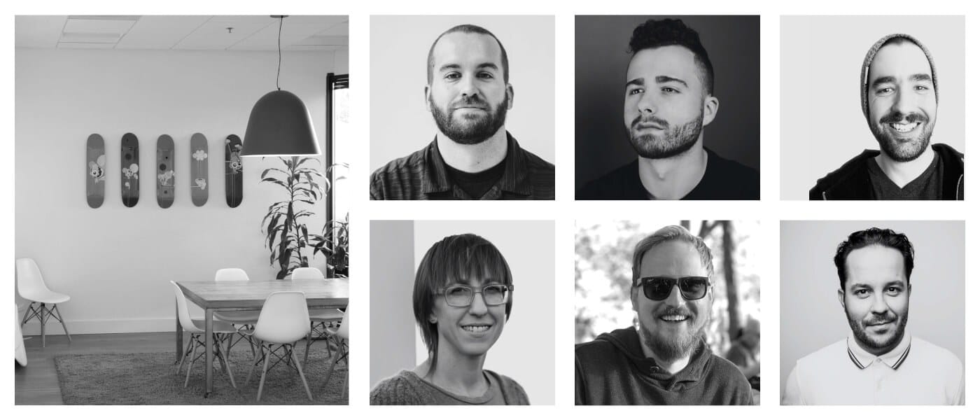 Grayscale collage: left side shows an office lounge with a wooden table, white chairs, a hanging lamp and a plant; right side shows six portrait photos of people.