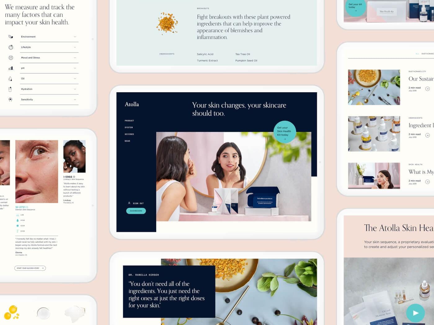 Collage of skincare website screens and product photos on a peach background; central panel shows a person at a vanity mirror with products nearby.