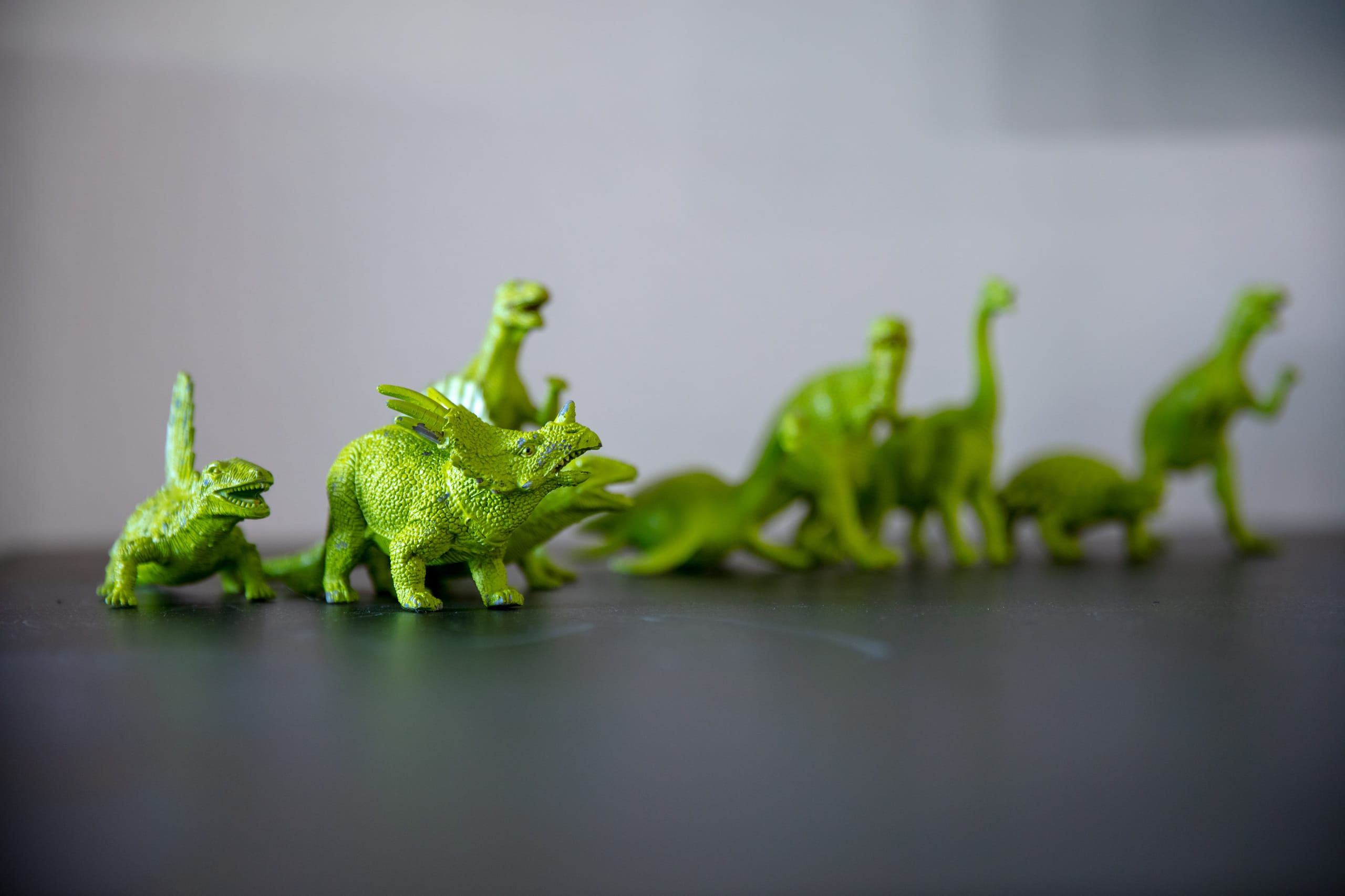 Bright green plastic dinosaur figurines lined up on a dark surface, with a triceratops in focus in the foreground and others blurred behind.