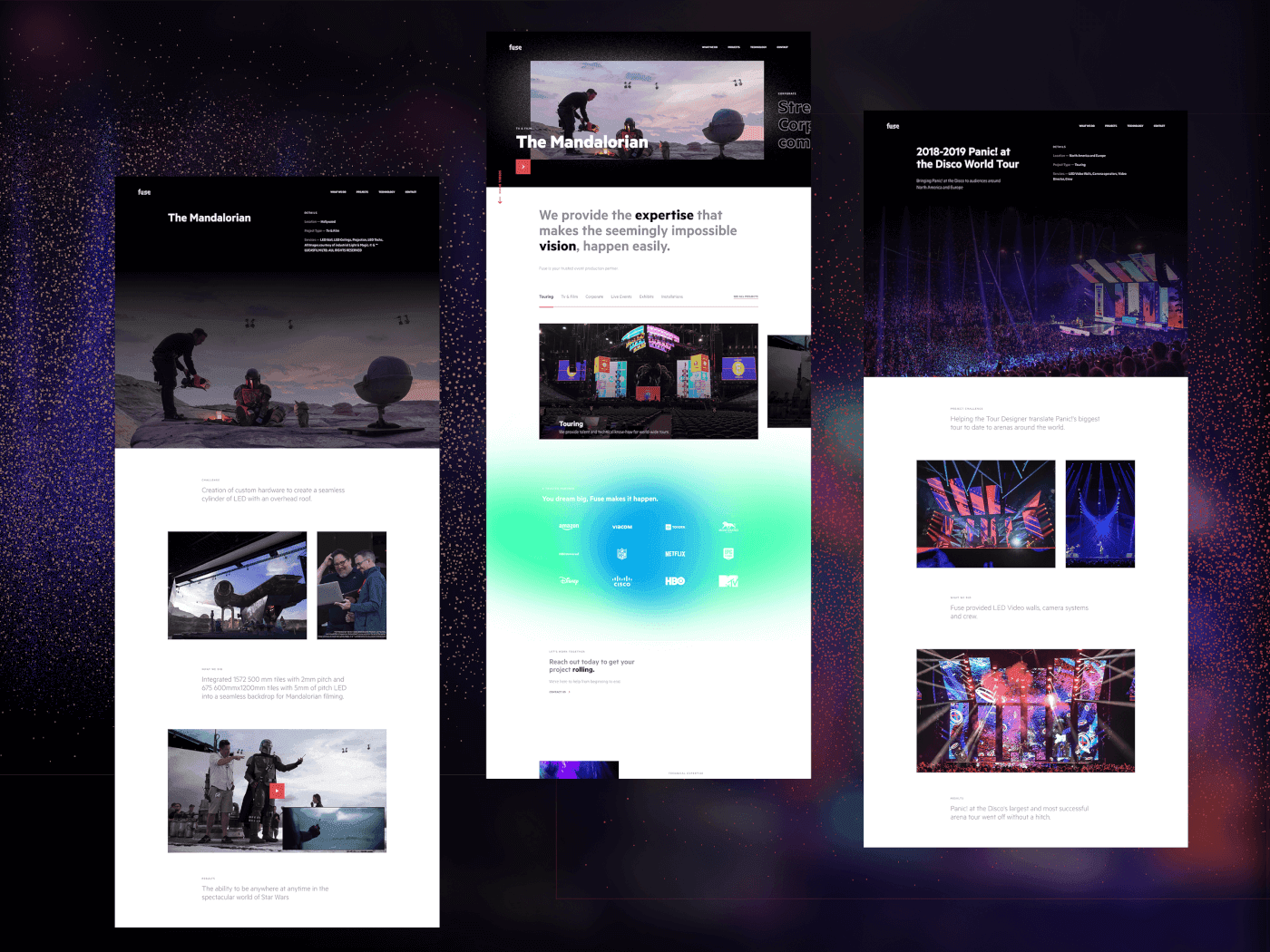 Three overlapping website mockups on a dark starry gradient background; left shows The Mandalorian page, center a white content page with gradient, right a concert tour page.