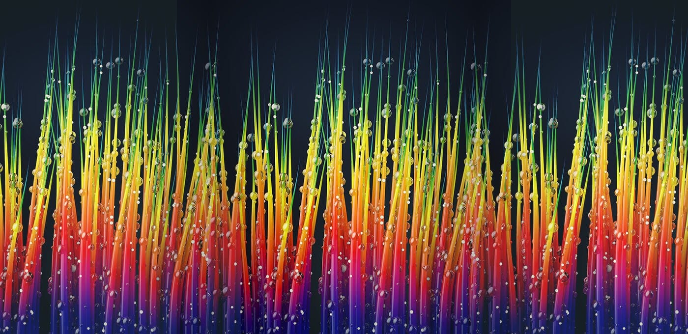 Rainbow-colored, slender vertical strands with droplets along their length, set against a dark background in a repeating decorative pattern.