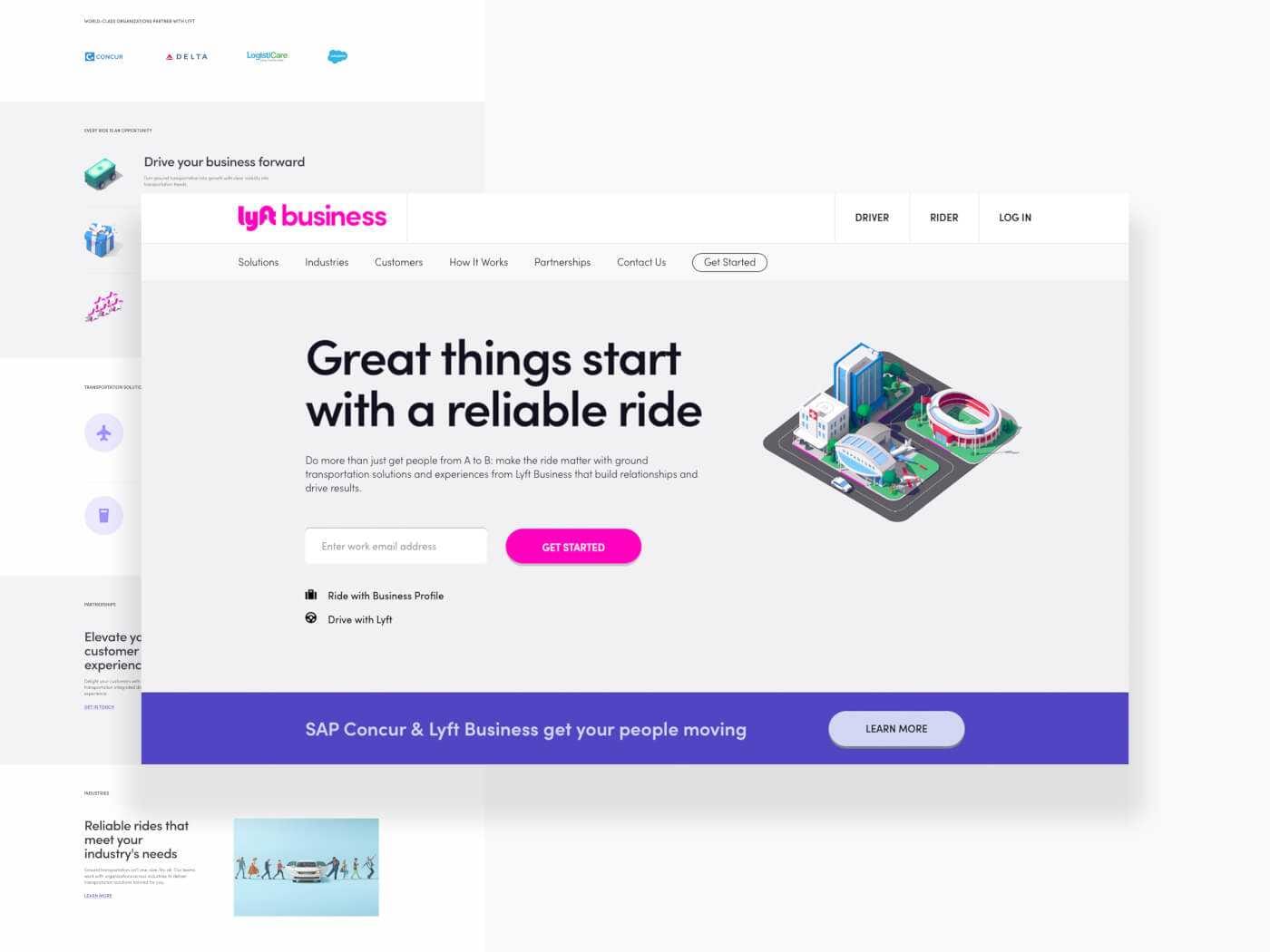 Lyft Business hero: bold headline 'Great things start with a reliable ride', pink logo, isometric city graphic, email field, pink Get Started button, and purple Learn More bar.