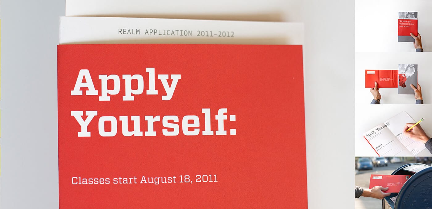 Red pamphlet with bold "Apply Yourself:" text and smaller "Classes start August 18, 2011" beneath, resting on white papers.