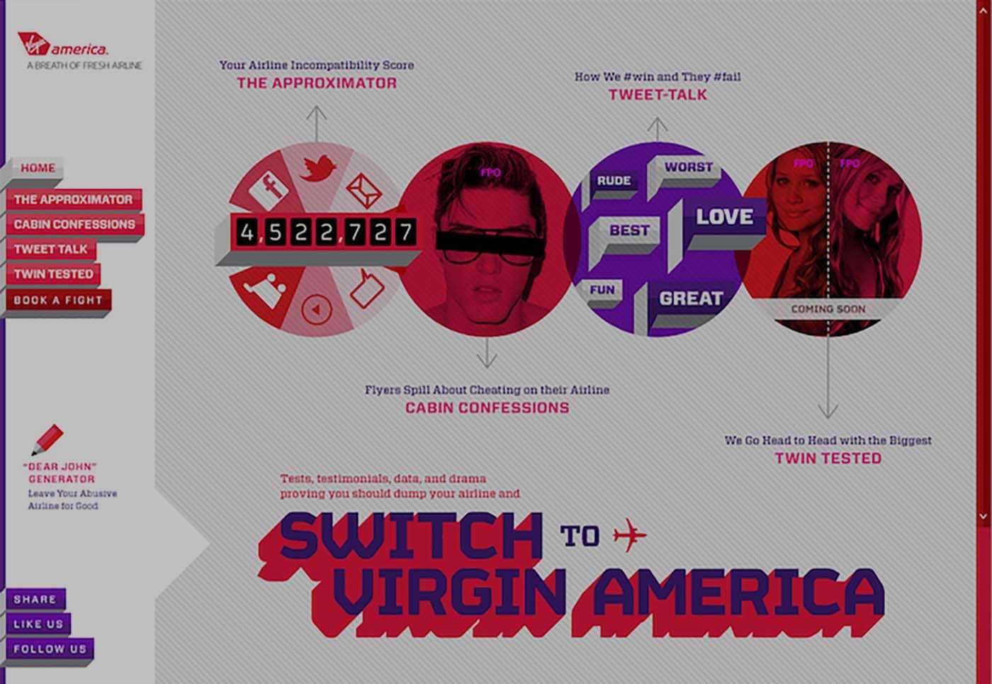 Promotional graphic for Switch to Virgin America featuring circular icons, a masked figure, a bold title, and a left red navigation bar.