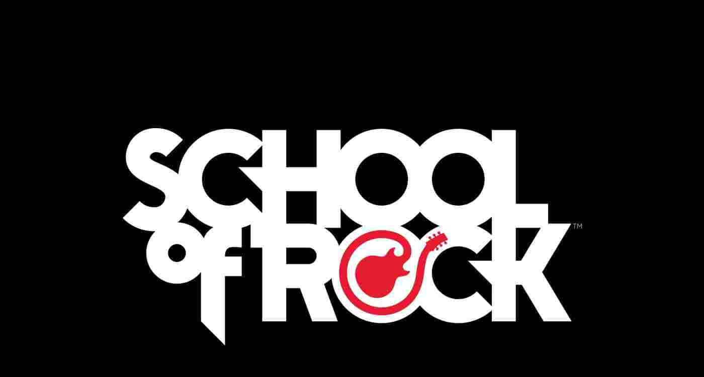 Bold white SCHOOL OF ROCK text on black background, with a red circular guitar icon integrated into the letters.