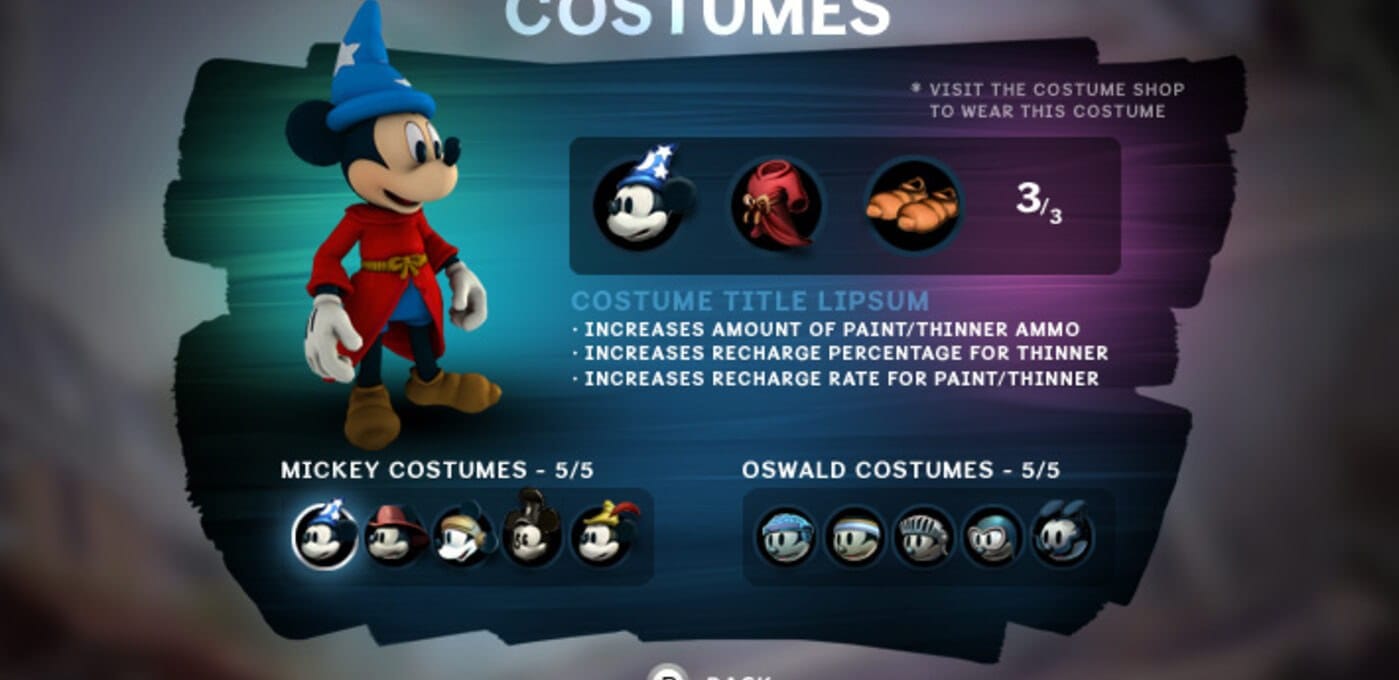 3D game splash with a wizard Mickey Mouse in a red robe and blue hat on the left; a blue-purple COSTUMES menu panel with costume icons and portraits.