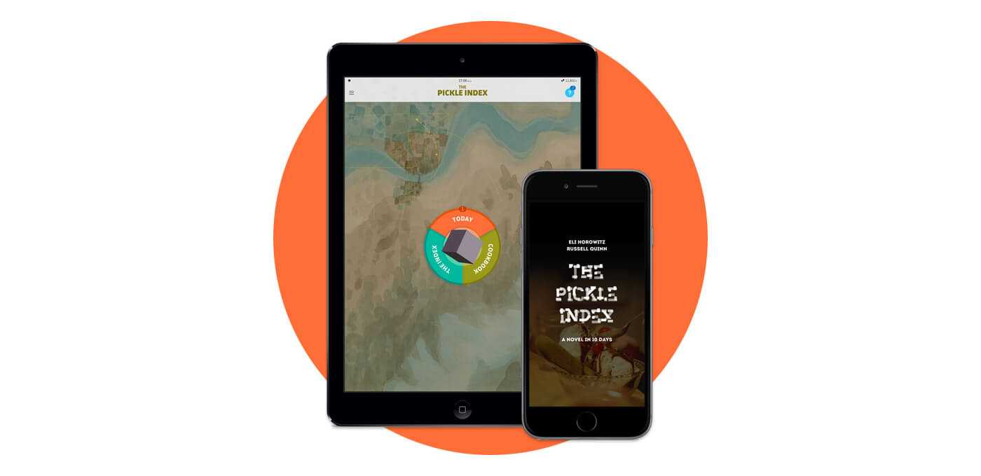 Tablet and smartphone in front of an orange circle; tablet shows a map with a colorful wheel, while the phone displays a book cover titled The Pickle Index.