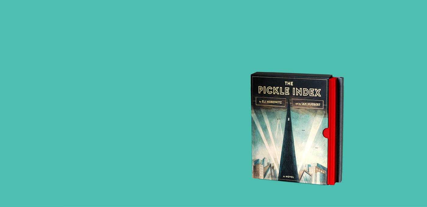 Teal background with a single book titled 'The Pickle Index' angled to the right; cover features a dark tower with beams and a red binding.