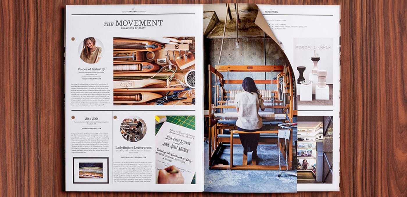 Open magazine on a wooden table showing a collage of craft images, including a person weaving at a loom and tool-filled photos.