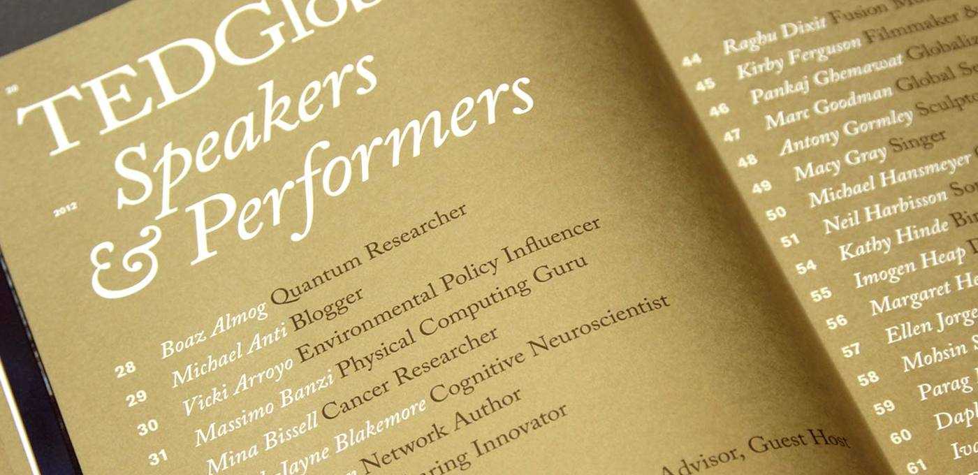 Gold-toned TEDGlobal brochure page with the "Speakers & Performers" title and a column listing speaker names and numbers.