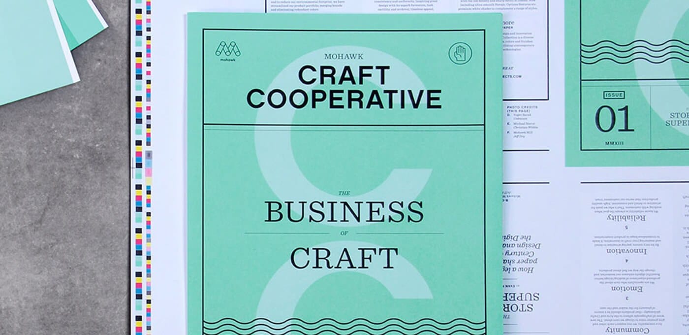 Mint green poster: Craft Cooperative - The Business of Craft, with a bordered frame, circular graphic, and wavy bottom lines among print sheets.