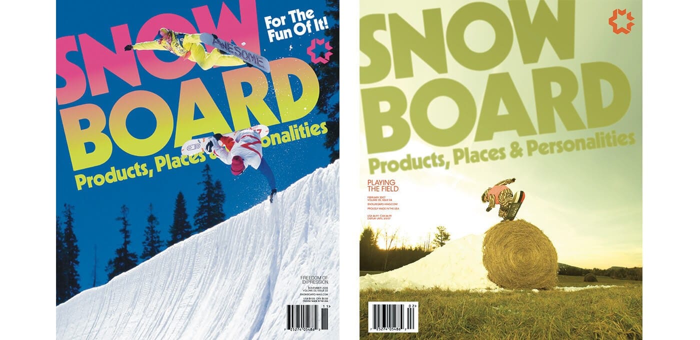 Two SNOW BOARD magazine covers: left a snowboarder mid-air over a snowy slope with bold pink/yellow title; right a rider on a hay bale at sunset against pale green.