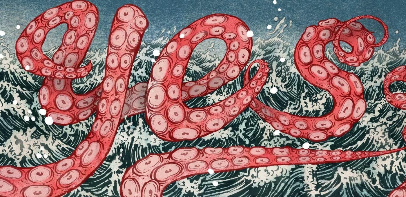 Cartoon red octopus tentacles twist across a dark teal, foamy sea with large suction cups.