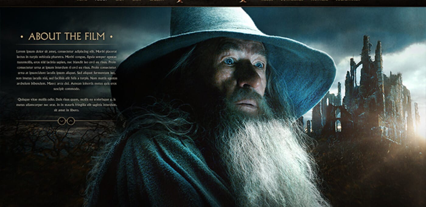 Bearded figure in a wide-brimmed hat and blue cloak with bright blue eyes, against a ruined castle in a moody, stormy landscape.