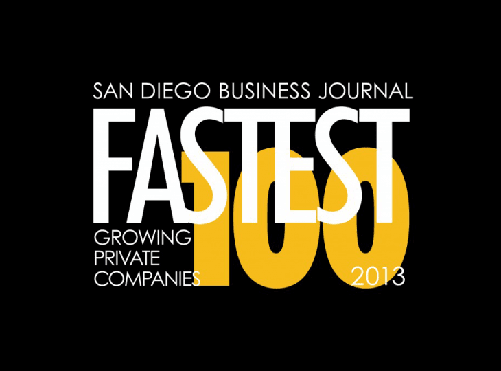 Black background with large white FASTEST text over a yellow 100 graphic; top reads SAN DIEGO BUSINESS JOURNAL, with GROWING PRIVATE COMPANIES and 2013.