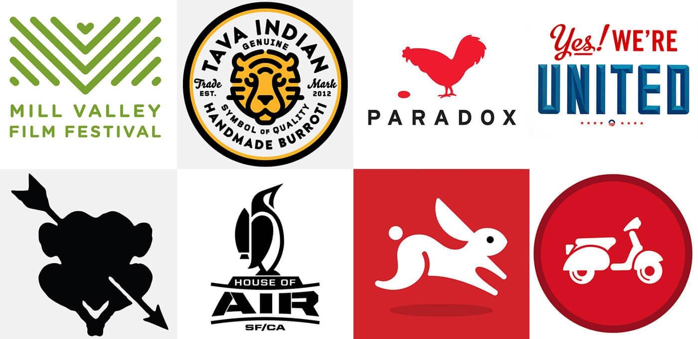 Collage of eight logos: Mill Valley Film Festival; circular tiger badge; Paradox with a rooster; Yes! We're UNITED; archer silhouette; House of Air SF/CA; white rabbit on red; red scooter icon.