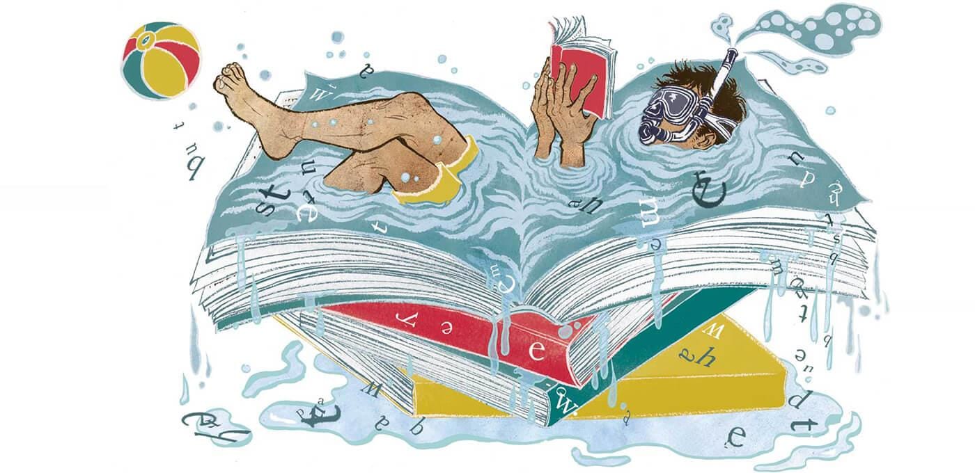 A person with snorkel and goggles swims on a giant open book, water splashing and letters drifting around; colorful books lie beneath.