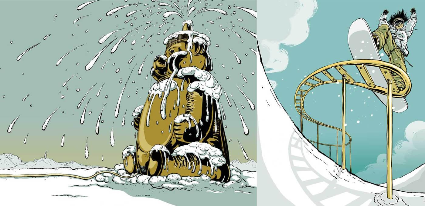 Two-panel snowy illustration: left shows an ice-covered statue with icicles on a snowfield; right shows a rider atop a looping gold roller-coaster track in snow.