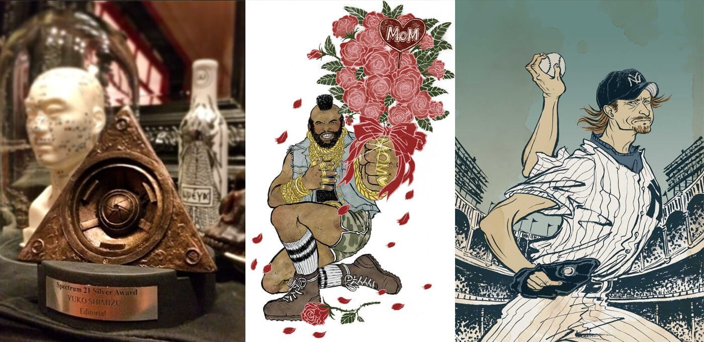 Triptych: left bronze trophy with a bust; center figure with mohawk and gold chains holding a bouquet of roses; right pitcher in a Yankees uniform.