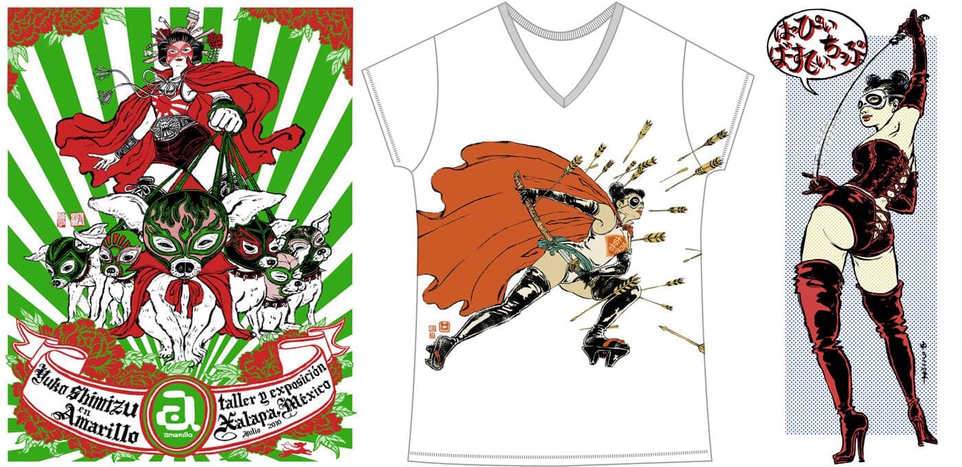 Triptych: left bold luchador poster with masked dogs and green rays; center white tee features an archer in an orange cape; right red-clad masked fighter with a speech bubble.