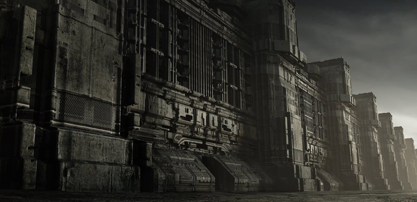Dark, monumental stone fortress along a desolate ground, with towering arches, staircases and buttresses fading into a moody gray sky.