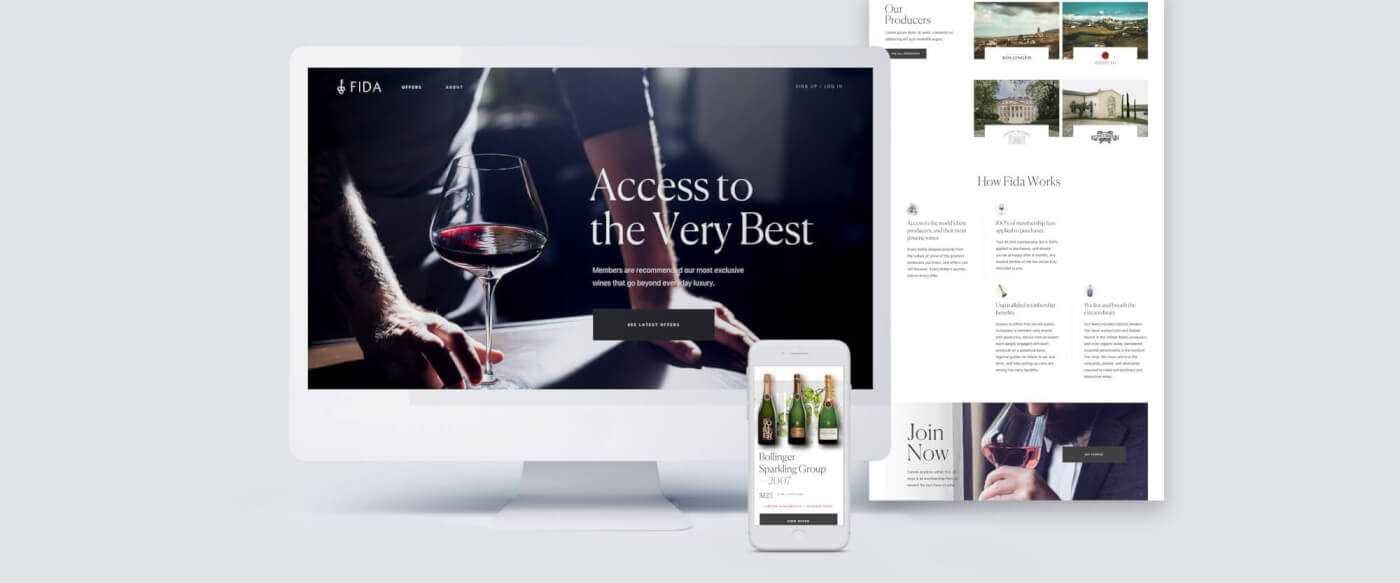 Desktop monitor shows a wine website with the headline "Access to the Very Best," a glass of red wine and a hand, plus a smartphone displaying bottles beside a magazine-style layout.